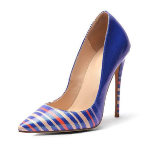 Stripe Patent Pu Pumps Women Pointed Toe Footwear Shallow Shoes Female Colorful Thin High Heels Shoes Woman Summer 2019