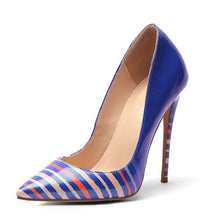 Load image into Gallery viewer, Stripe Patent Pu Pumps Women Pointed Toe Footwear Shallow Shoes Female Colorful Thin High Heels Shoes Woman Summer 2019
