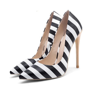 PU Pumps Women Pointed Toe Footwear Party Stripe Shallow Shoes Female Stiletto High Heels Shoes Woman 2019 Spring